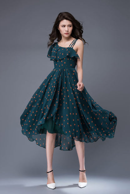 Polka dot asymmetrical prom chiffon dress c876