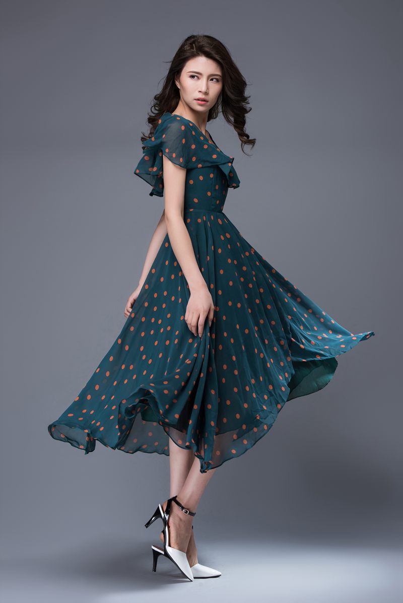 Polka dot asymmetrical prom chiffon dress c876