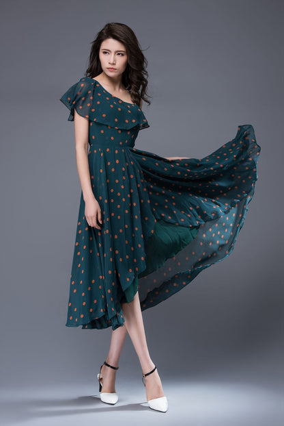 Polka dot asymmetrical prom chiffon dress c876