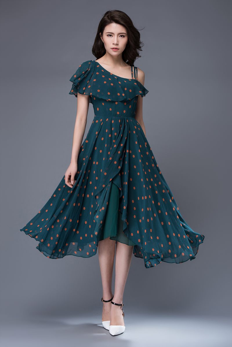 Polka dot asymmetrical prom chiffon dress c876