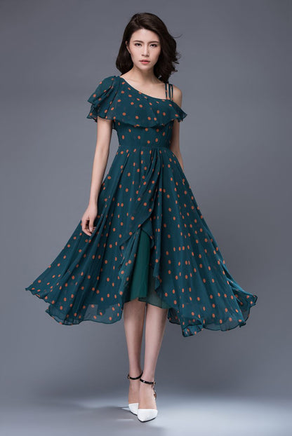 Polka dot asymmetrical prom chiffon dress c876