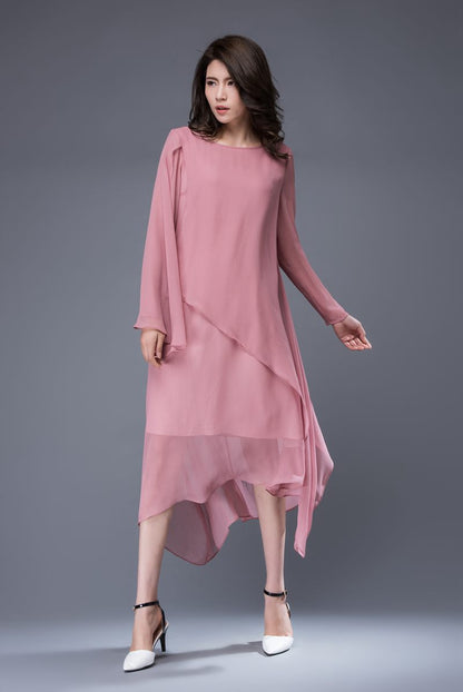 Long sleeves pink asymmetrical chiffon dress c877