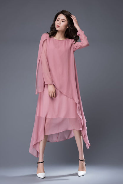 Long sleeves pink asymmetrical chiffon dress c877