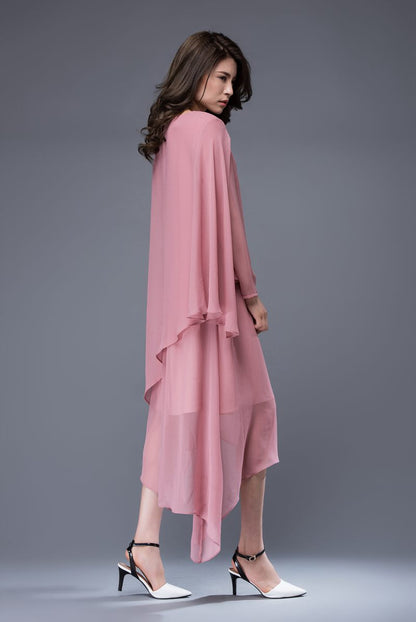Long sleeves pink asymmetrical chiffon dress c877