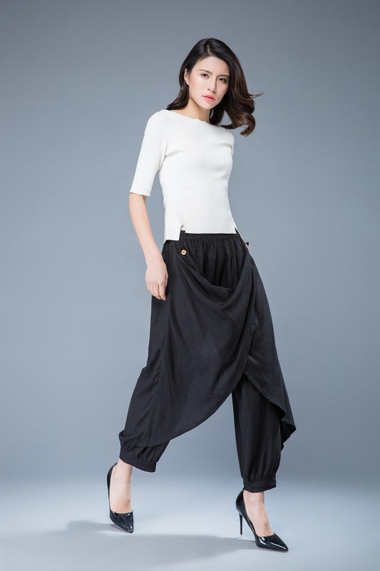 Wrap pants, linen pants, black harem pants C1054