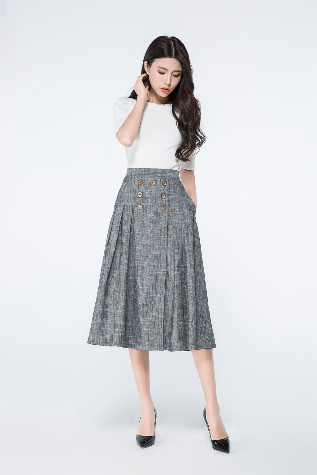 Button front a line summer linen skirt C1080