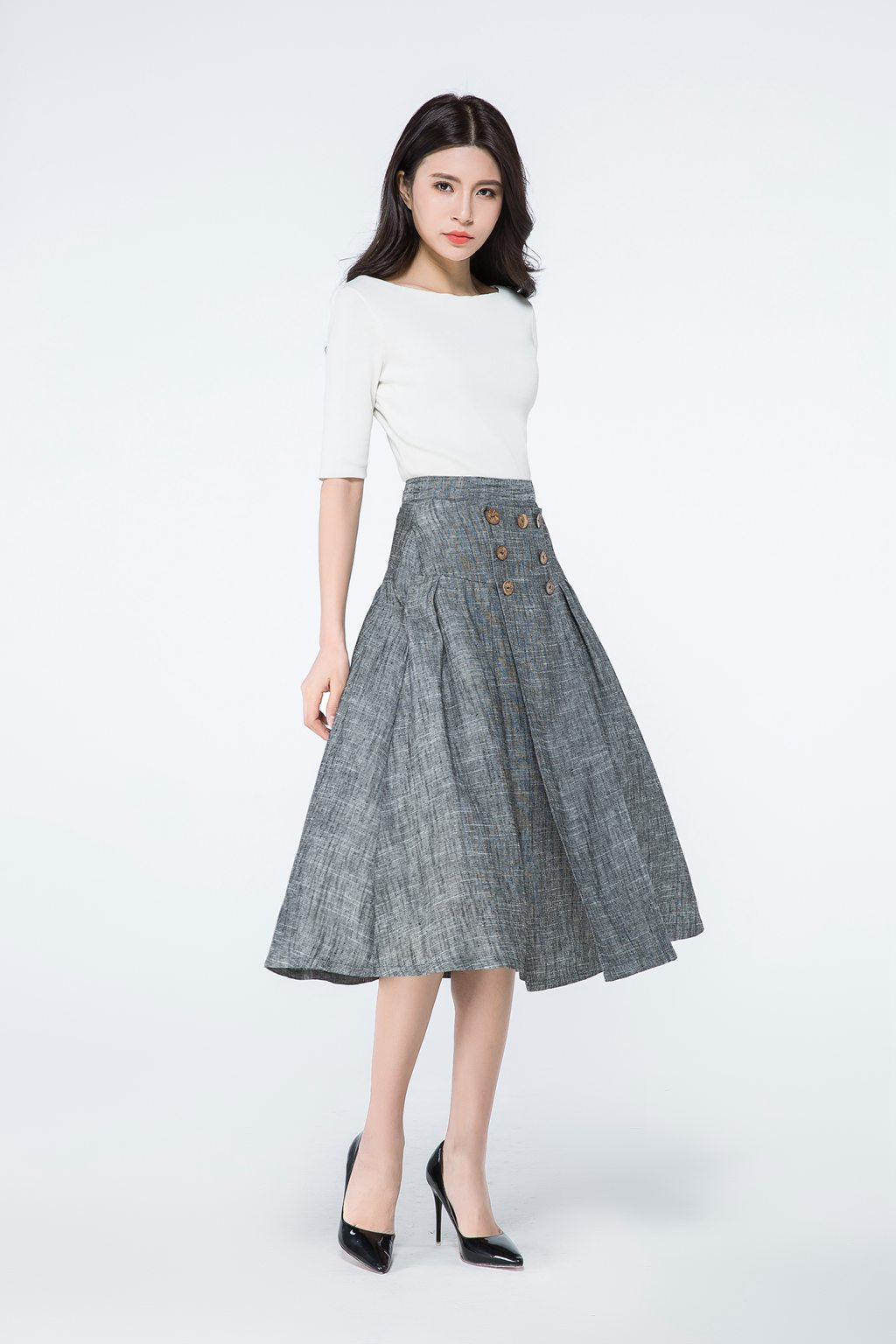 Button front a line summer linen skirt C1080