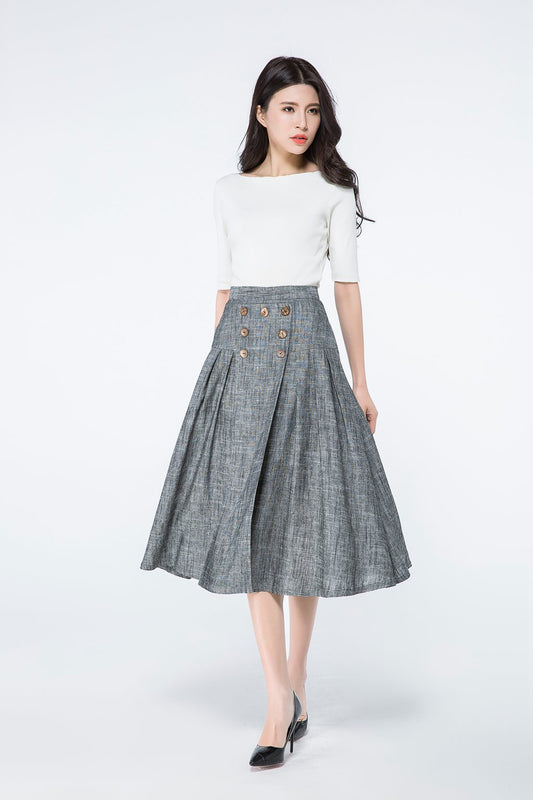 Button front a line summer linen skirt C1080