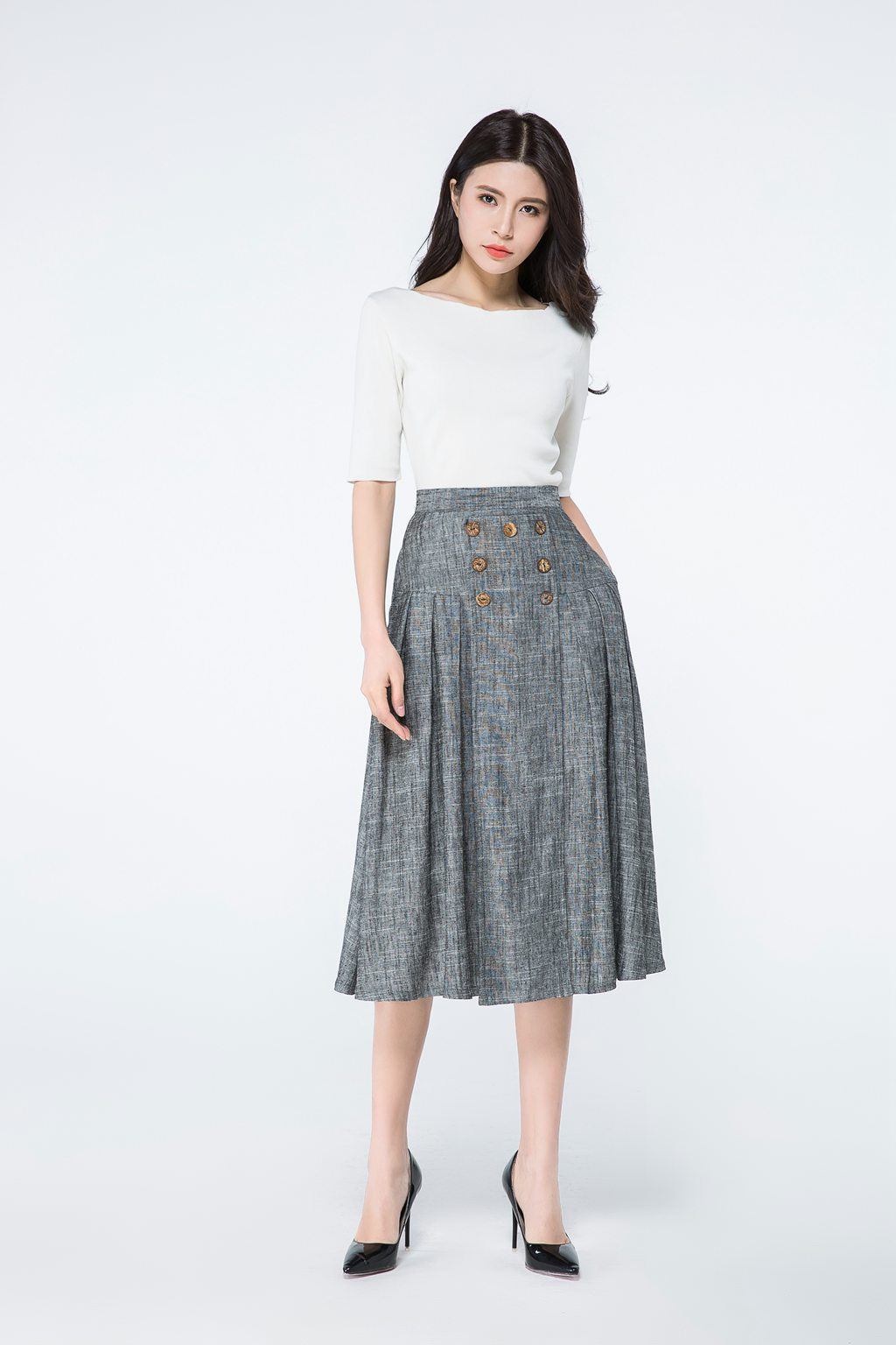 Button front a line summer linen skirt C1080