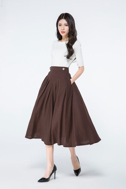 Vintage Inspired Linen Skirt with Pockets C3941