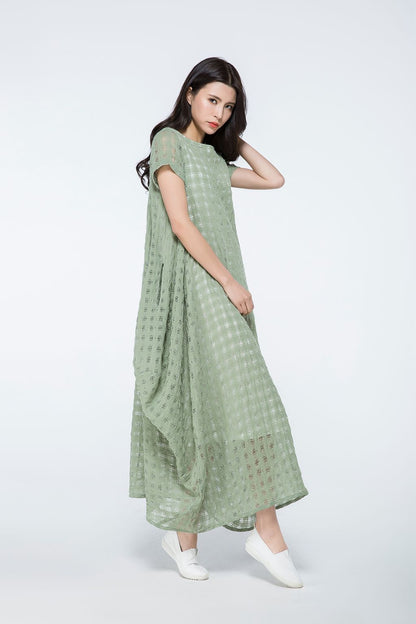 Plus size summer green plaid dress c1070