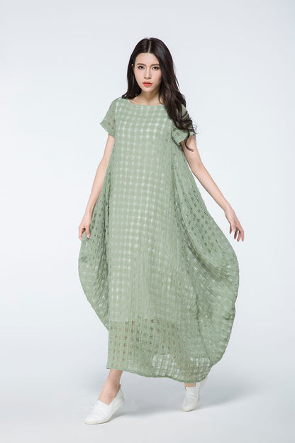 Plus size summer green plaid dress c1070