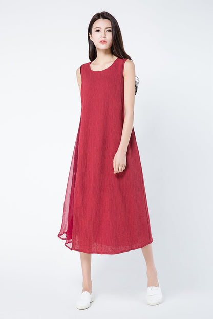 Sleeveless red summer linen dresses c1082
