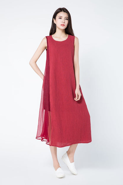 Sleeveless red summer linen dresses c1082