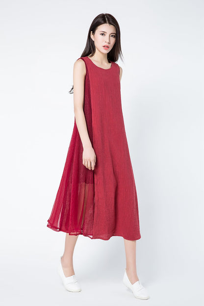 Sleeveless red summer linen dresses c1082