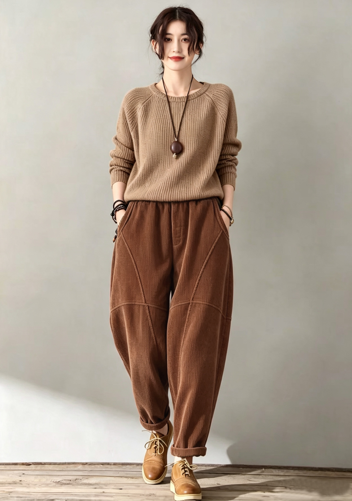Green Corduroy Pants - Tapered Ankle Length with Elastic Waist c5634