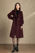 Load image into Gallery viewer, Burgundy tie belt long wool coat C4491
