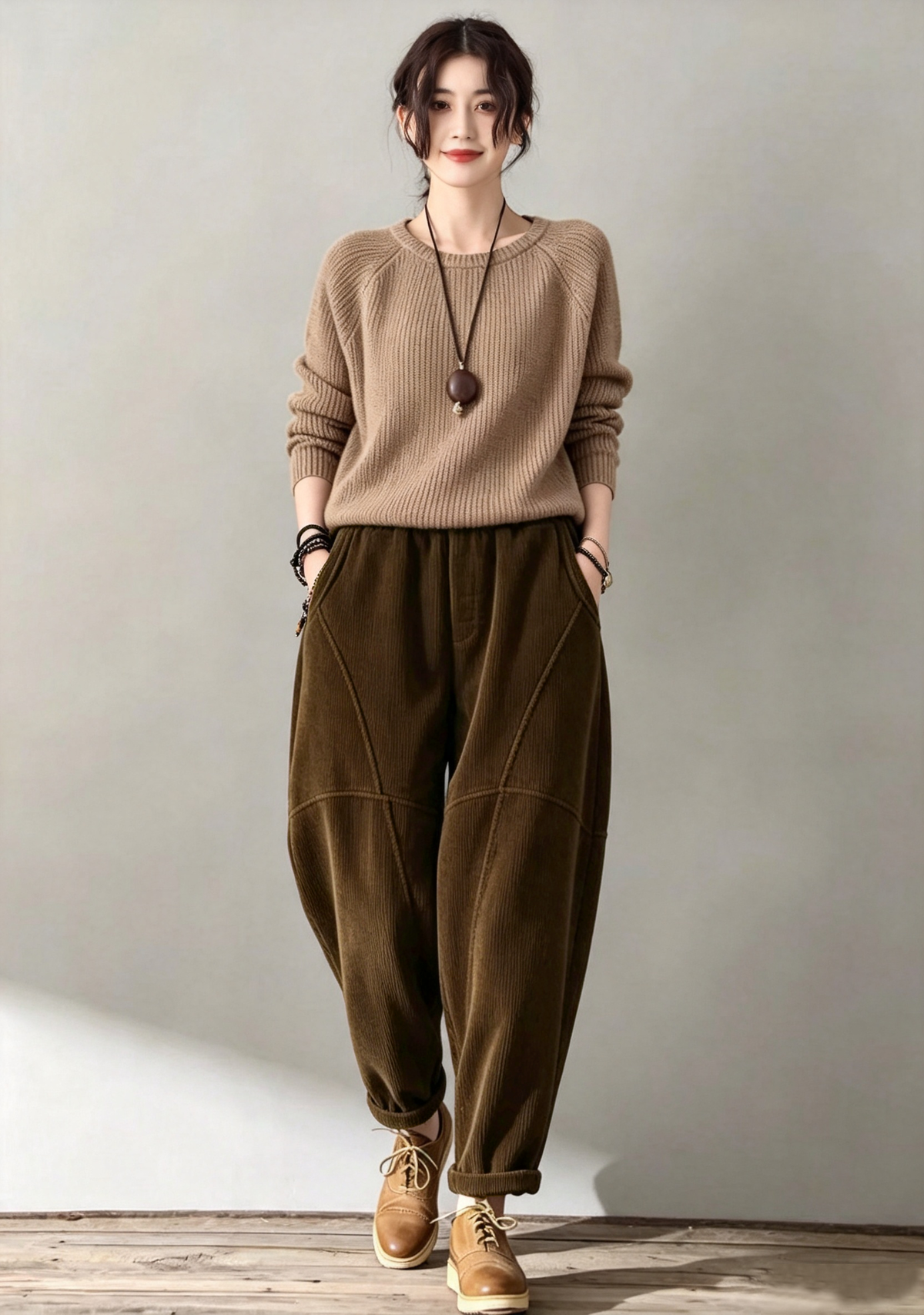 Green Corduroy Pants - Tapered Ankle Length with Elastic Waist c5634