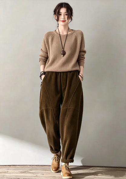 Green Corduroy Pants - Tapered Ankle Length with Elastic Waist c5634