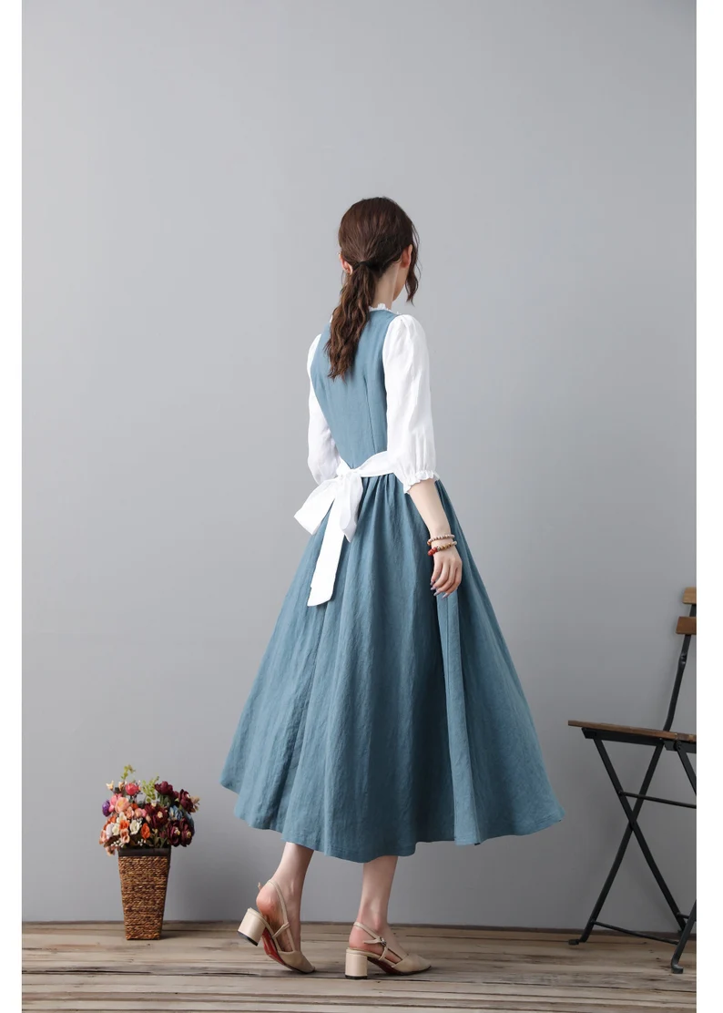 Handmade Pleated Swing Midi Linen Dress C2313