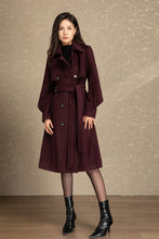 Load image into Gallery viewer, Burgundy tie belt long wool coat C4491
