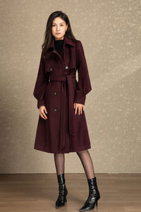 Burgundy tie belt long wool coat C4491