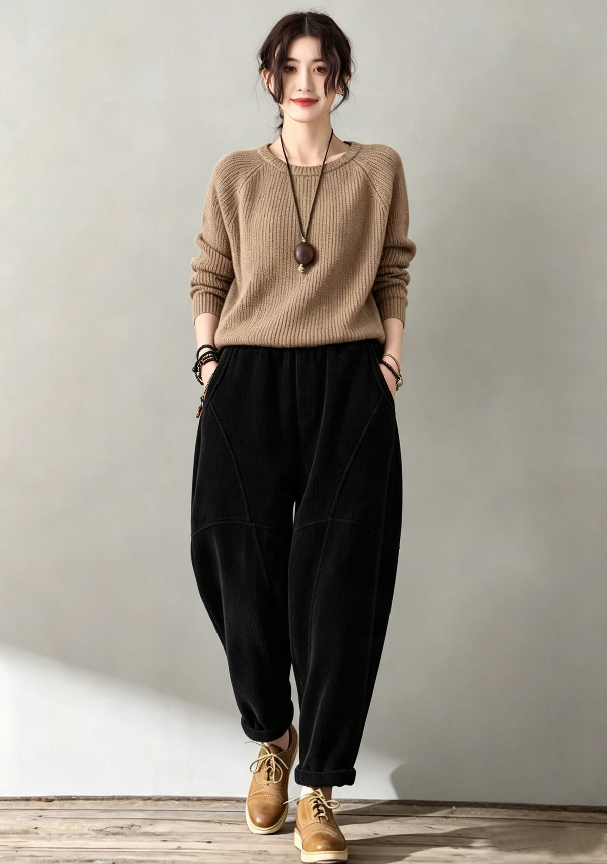 Green Corduroy Pants - Tapered Ankle Length with Elastic Waist c5634