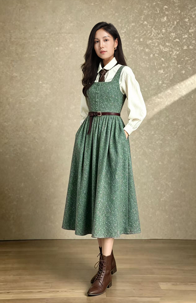 Green Wool Blend A-Line Dress - Square Neck Vintage Style c5641