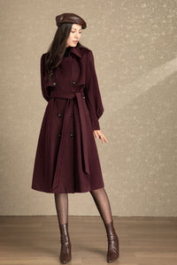 Burgundy tie belt long wool coat C4491