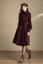 Load image into Gallery viewer, Burgundy tie belt long wool coat C4491
