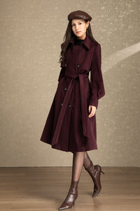 Burgundy tie belt long wool coat C4491