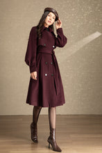 Load image into Gallery viewer, Burgundy tie belt long wool coat C4491
