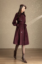 Load image into Gallery viewer, Burgundy tie belt long wool coat C4491
