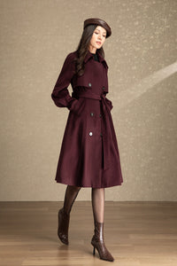 Burgundy tie belt long wool coat C4491