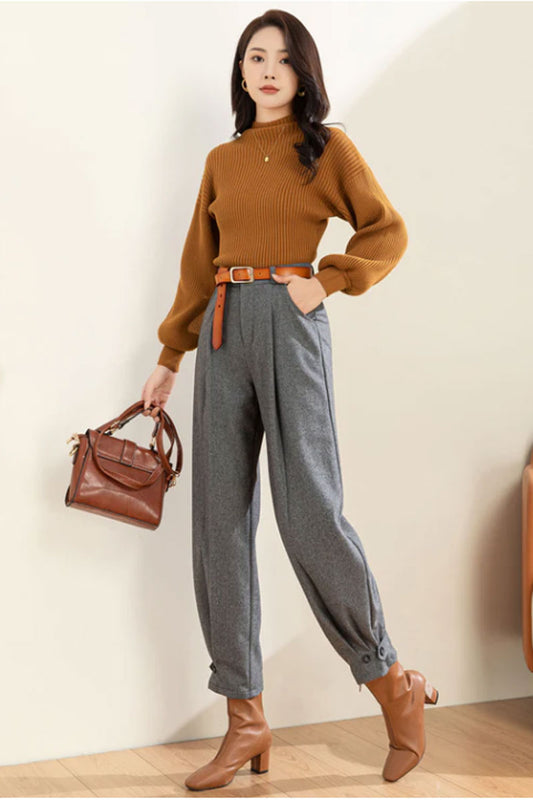 Gray Wool Pants Women, Wool Tapered Pants C3596