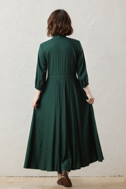 Green Linen Maxi Dress - Button-Up with Drawstring Waist c5401