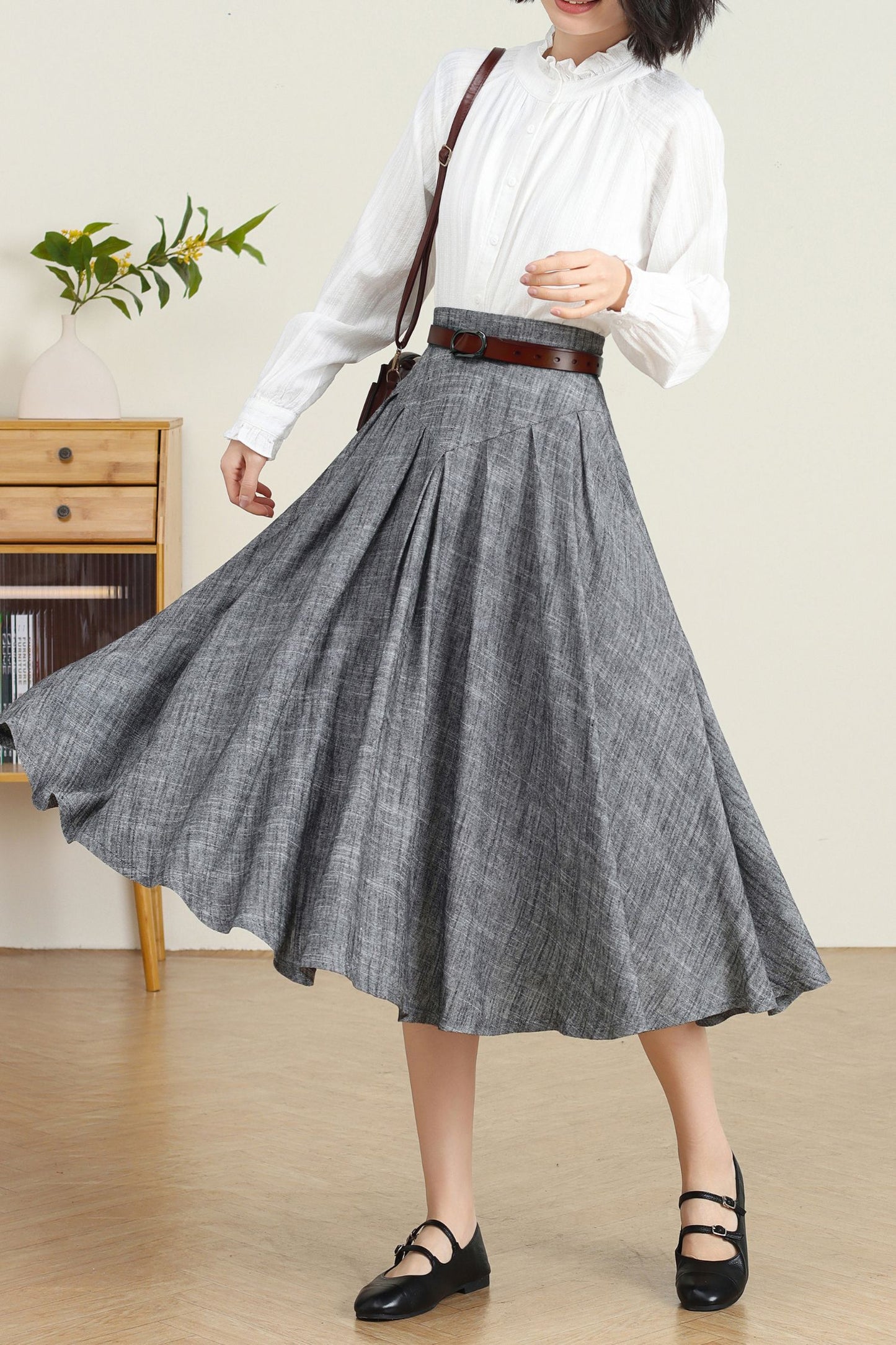 Grey Linen Swing Midi Skirt C4737