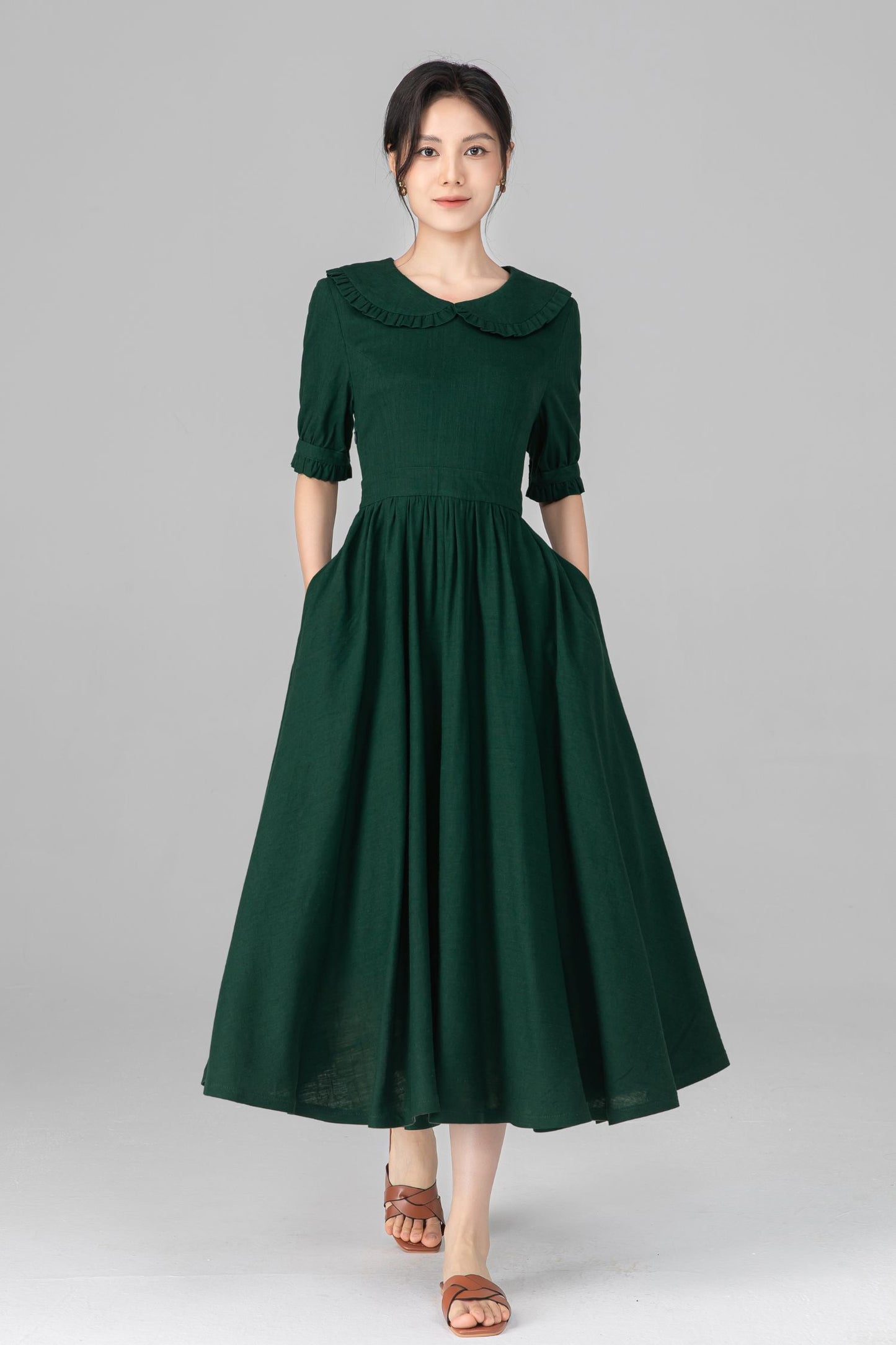 Dark Green Linen Midi Dress - Peter Pan Collar, Puff Sleeve c5515