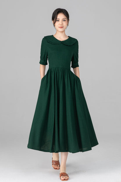 Dark Green Linen Midi Dress - Peter Pan Collar, Puff Sleeve c5515