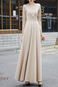 khaki spring and autumn V neck dress C4184