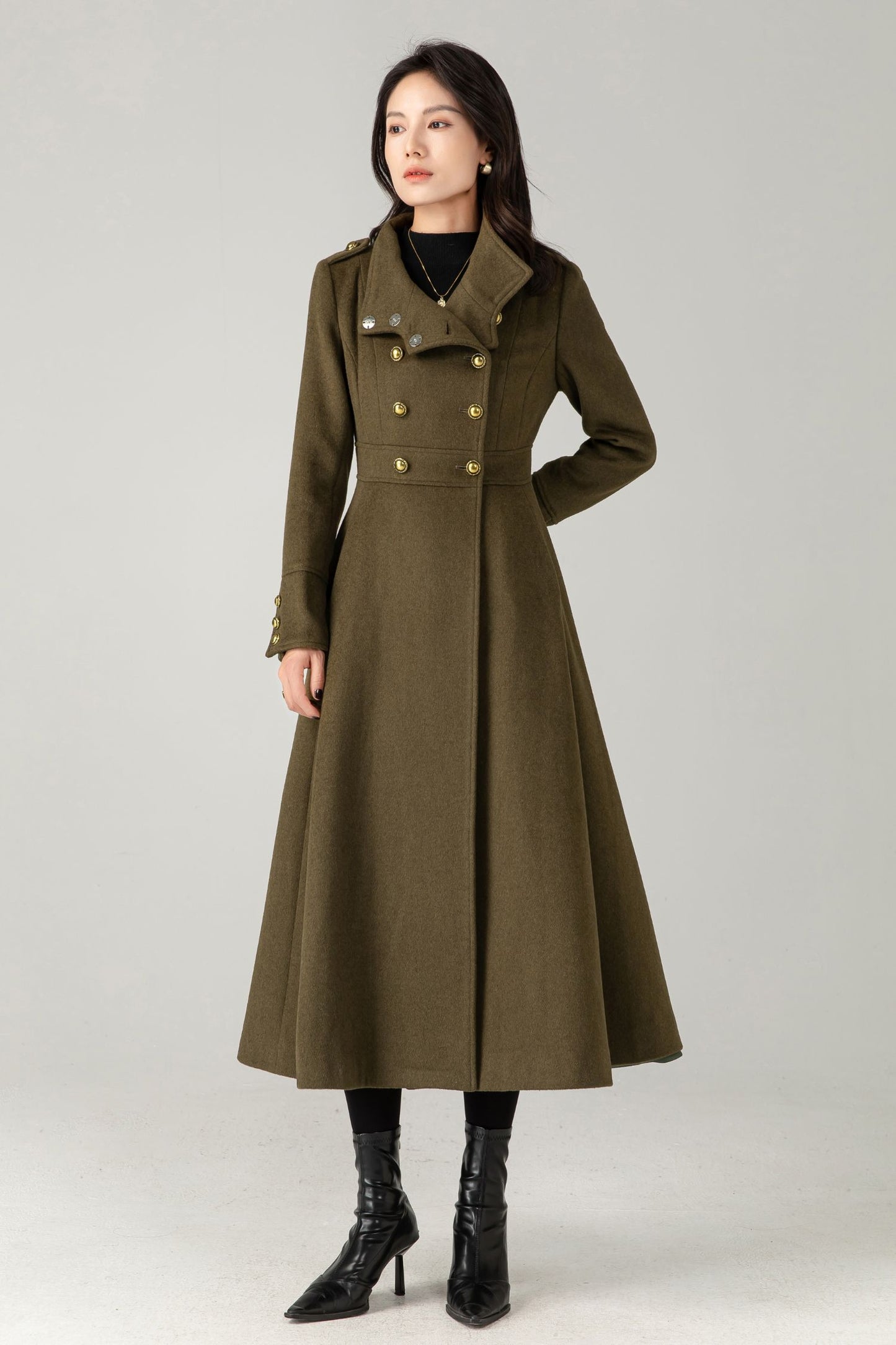 Green Wool Maxi Trench Coat: Double Breasted Long Winter Overcoat C5344