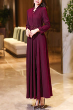 Load image into Gallery viewer, Burgundy women&#39;s v- neck long sleeved dress C4190
