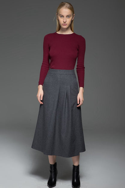 Pleated gray a line winter wool skirt C770