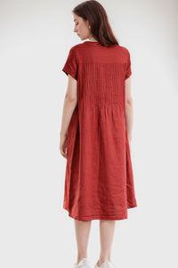 Red linen dress midi dress C283