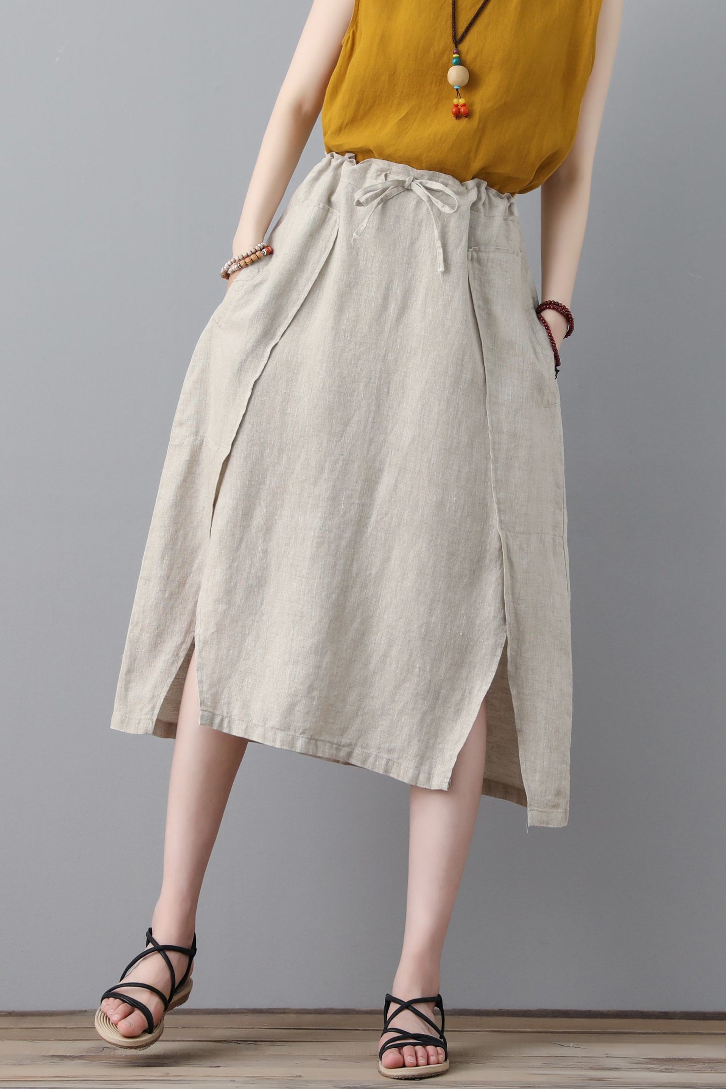 A line midi womens linen skirt C2306