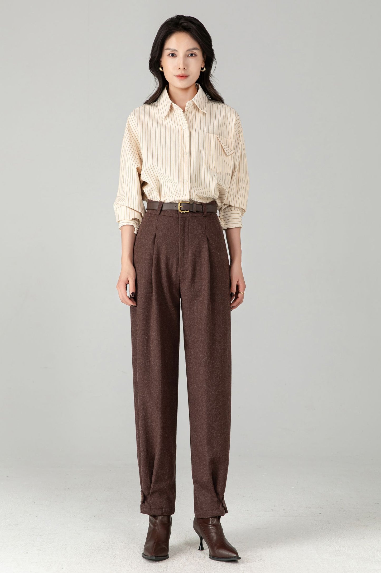 Brown Wool Tapered Trousers: Women’s Vintage-inspired Lantern Pants C5340