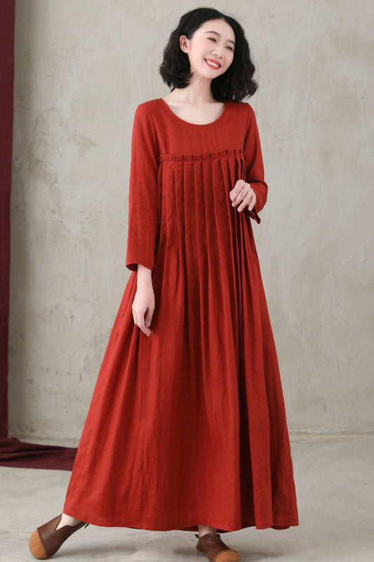 Women Brick Red Pleated Organic Linen dress C2744