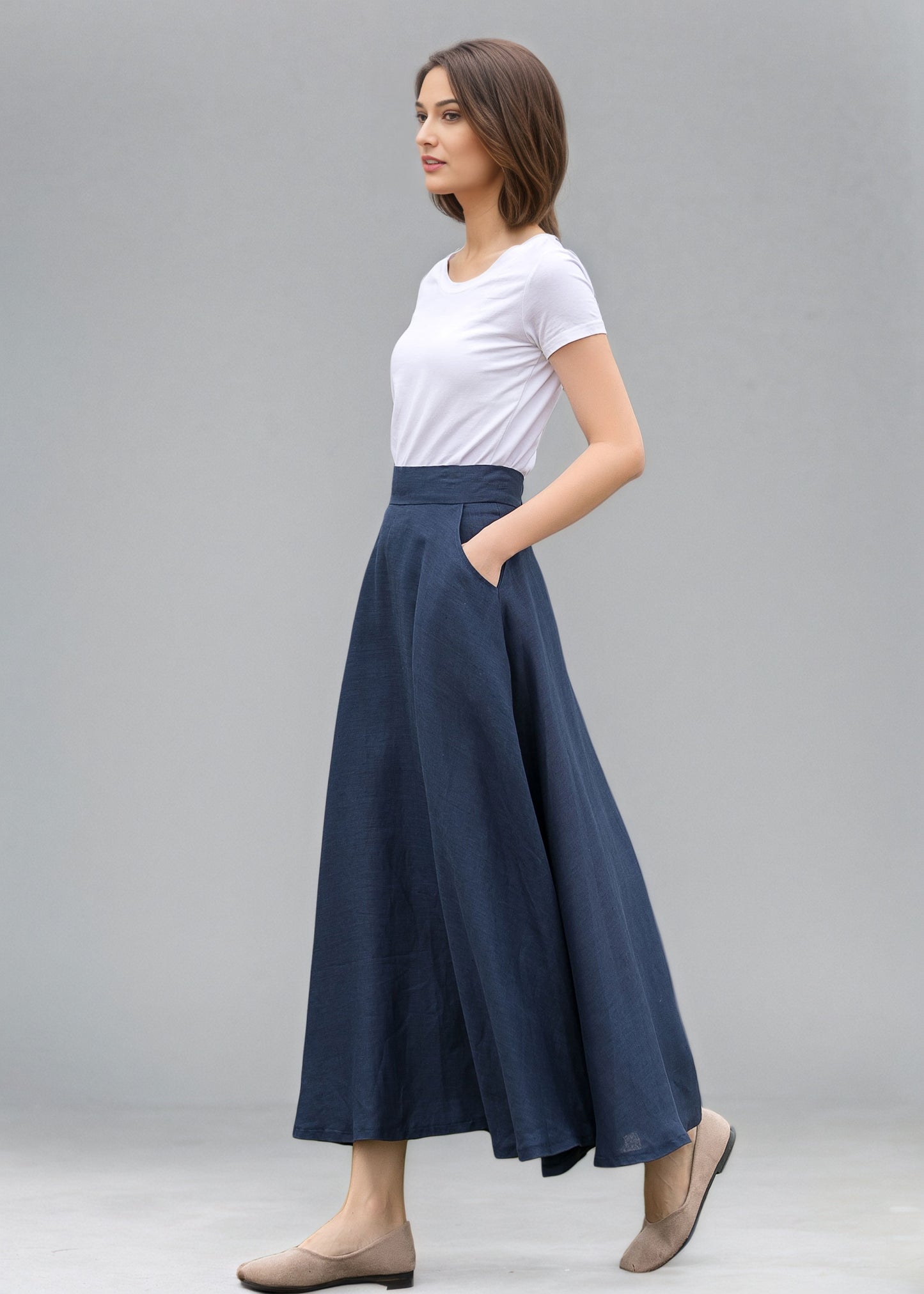 Casual High Waist A Line Blue Linen Skirt C5144
