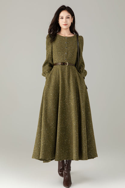 Olive Tweed Wool Maxi Dress — Vintage Button‑Front A‑Line with Pockets C5243