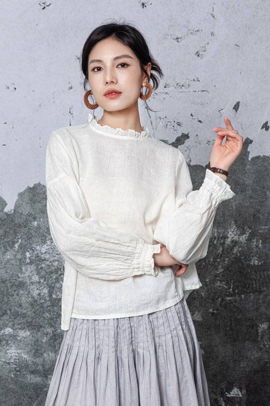 Off-White Linen Ruffled Neck Blouse: Long Sleeve Top with Ruffled Cuffs, Ylistyle C5467